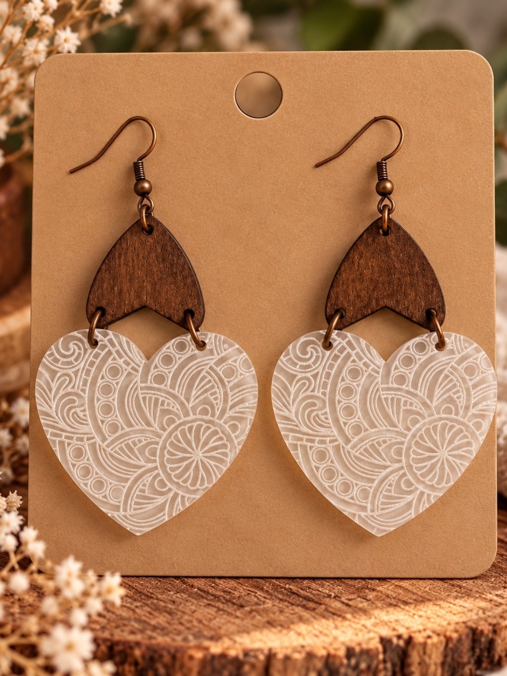 Handcrafted White Floral Heart Wood Drop Dangle Earrings New